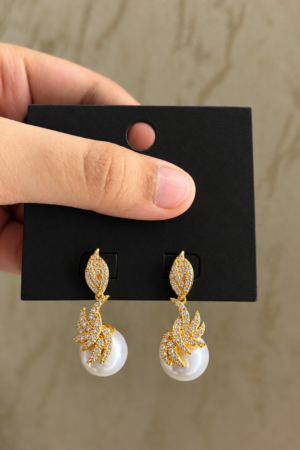 Celeste Crystal Feather Pearl Drop Earrings