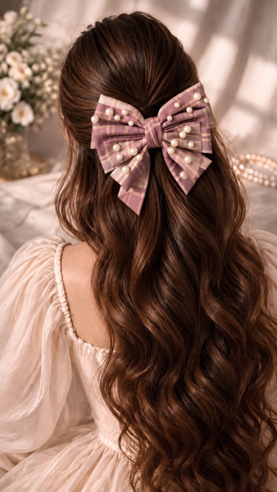 The Plaid Pearl Bow Clip